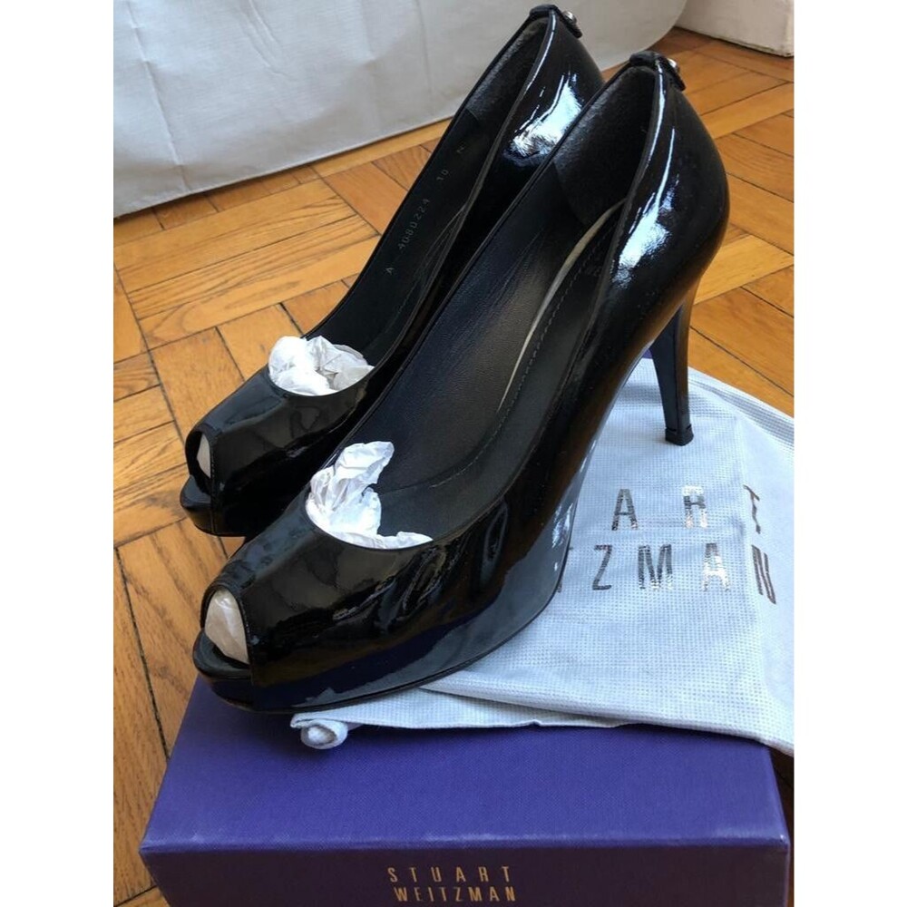 Stuart Weitzman Black Open Toe Patent Leather High Heel Pump Shoe 10M